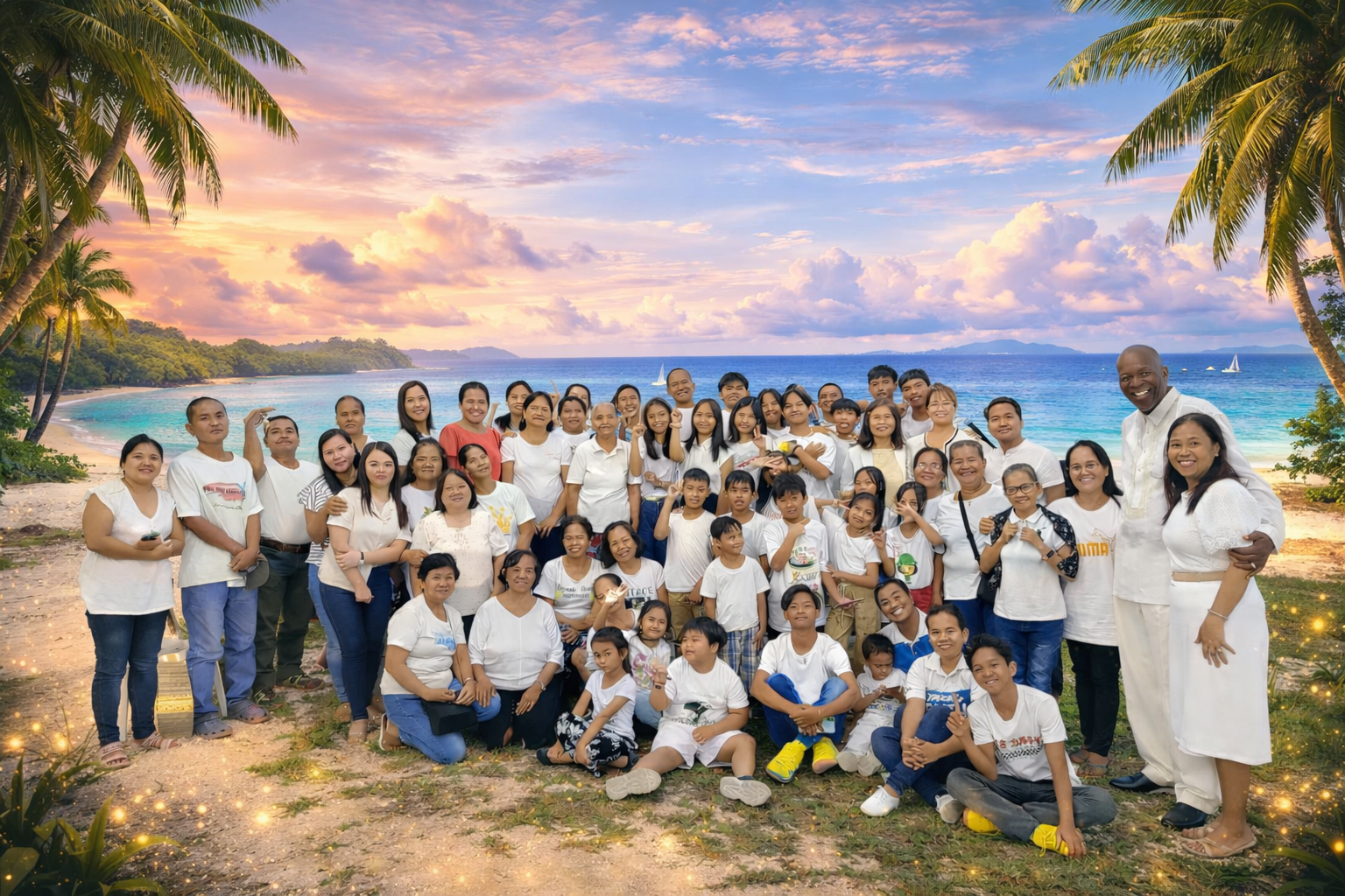 Church members gathered in joyful fellowship with a Philippine beach backdrop.
